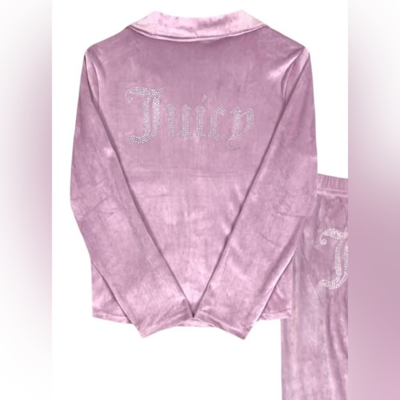 Juicy Couture Women’s Velvet Fleece Button Down Shirt and Pants Mauve Pajama Set - Picture 3 of 11